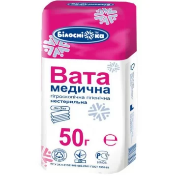 Вата Зіг-заг Білосніжка медична нестерильна 50 г